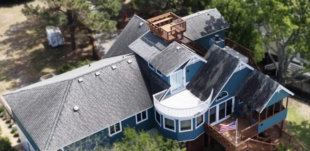 Aerial view of a complex residential roof