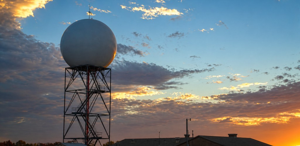 NEXRAD radar dome at sunset