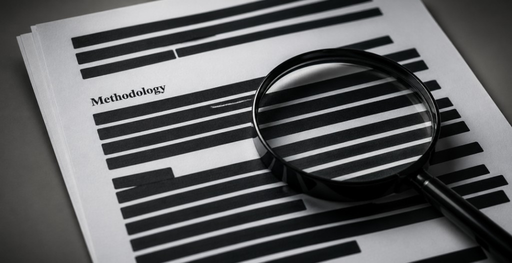 Magnifying glass on redacted methodology document